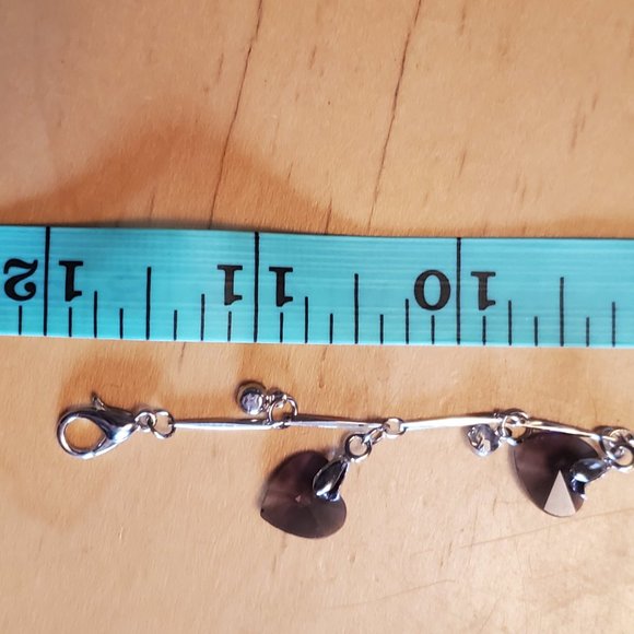 11" Silver Tone Purple Glass Heart Charms Anklet - Picture 2 of 3